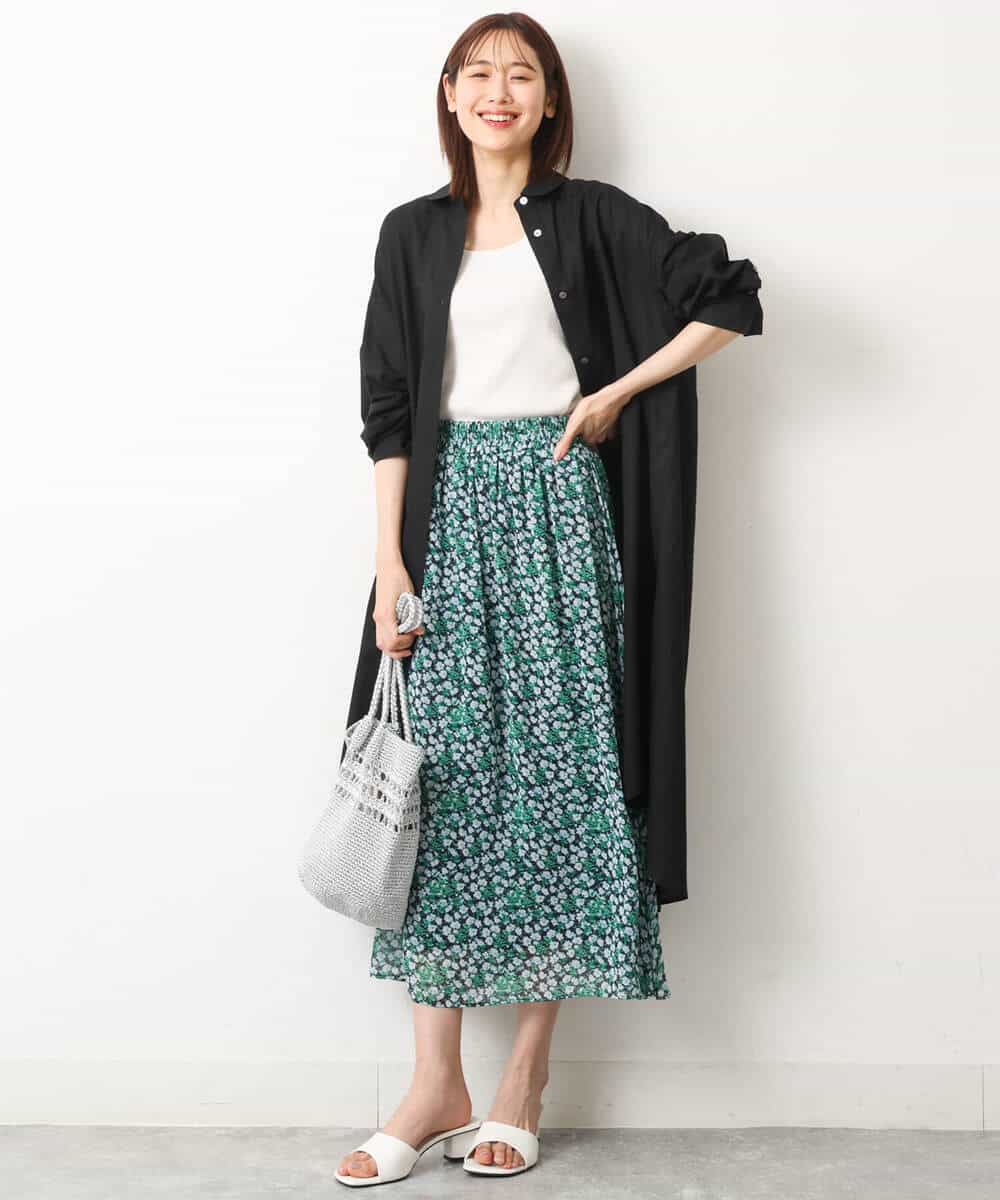 FKHGS06140 MK MICHEL KLEIN(MK ミッシェルクラン) 小花柄シフォンスカート/洗える グリーン