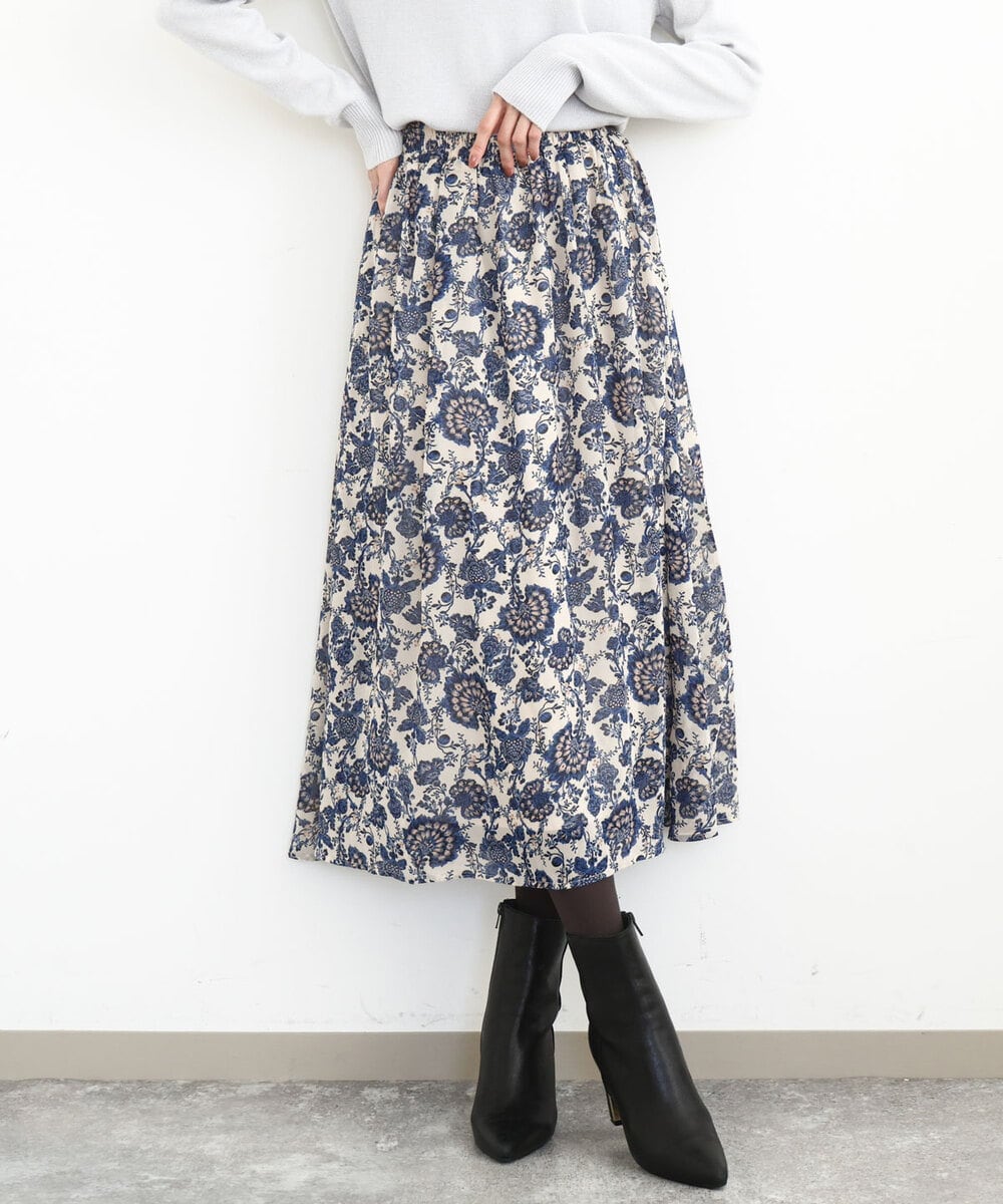 FKHHA05140 MK MICHEL KLEIN(MK ミッシェルクラン) 更紗プリント花柄シフォンスカート/洗える ベージュ