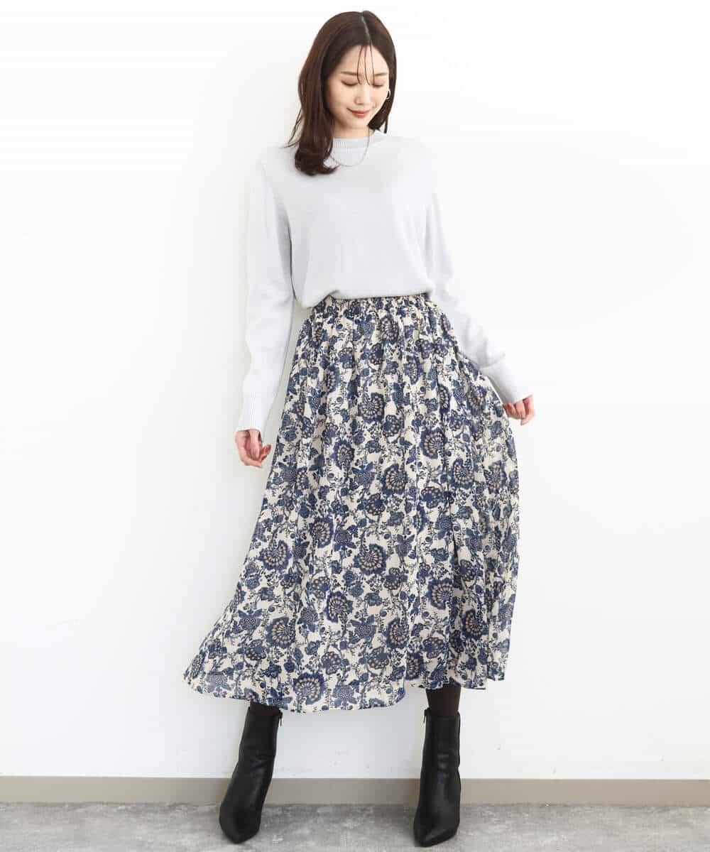 更紗プリント花柄シフォンスカート/洗える(ロング・マキシ丈スカート