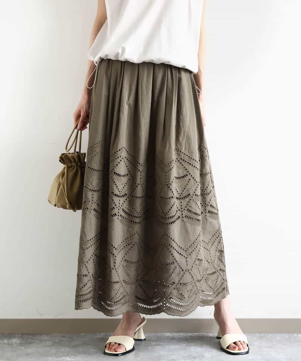 FKHHA65190 MK MICHEL KLEIN(MK ミッシェルクラン) コットン刺繍カットワークギャザースカート/洗える ブルー