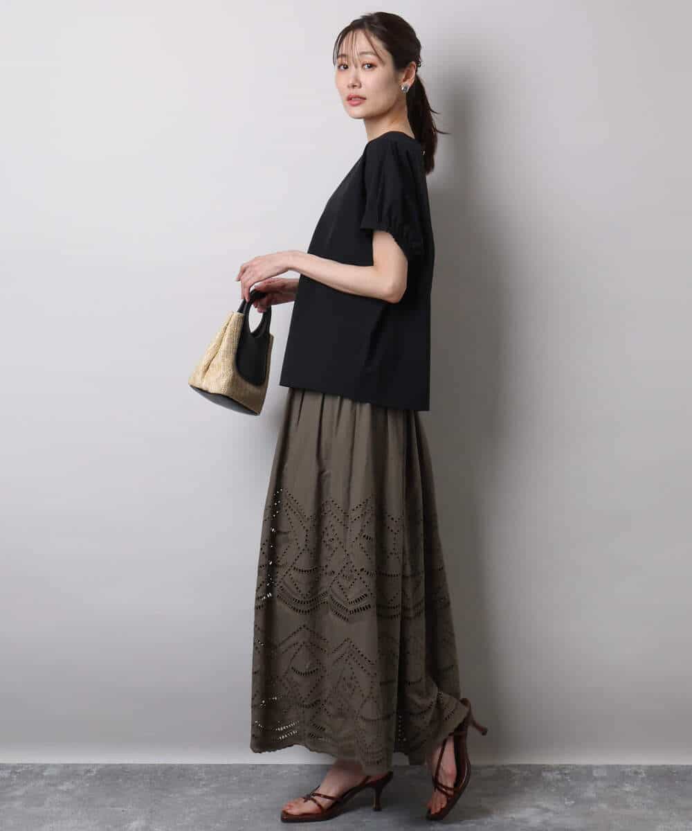FKHHA65190 MK MICHEL KLEIN(MK ミッシェルクラン) コットン刺繍カットワークギャザースカート/洗える ブルー