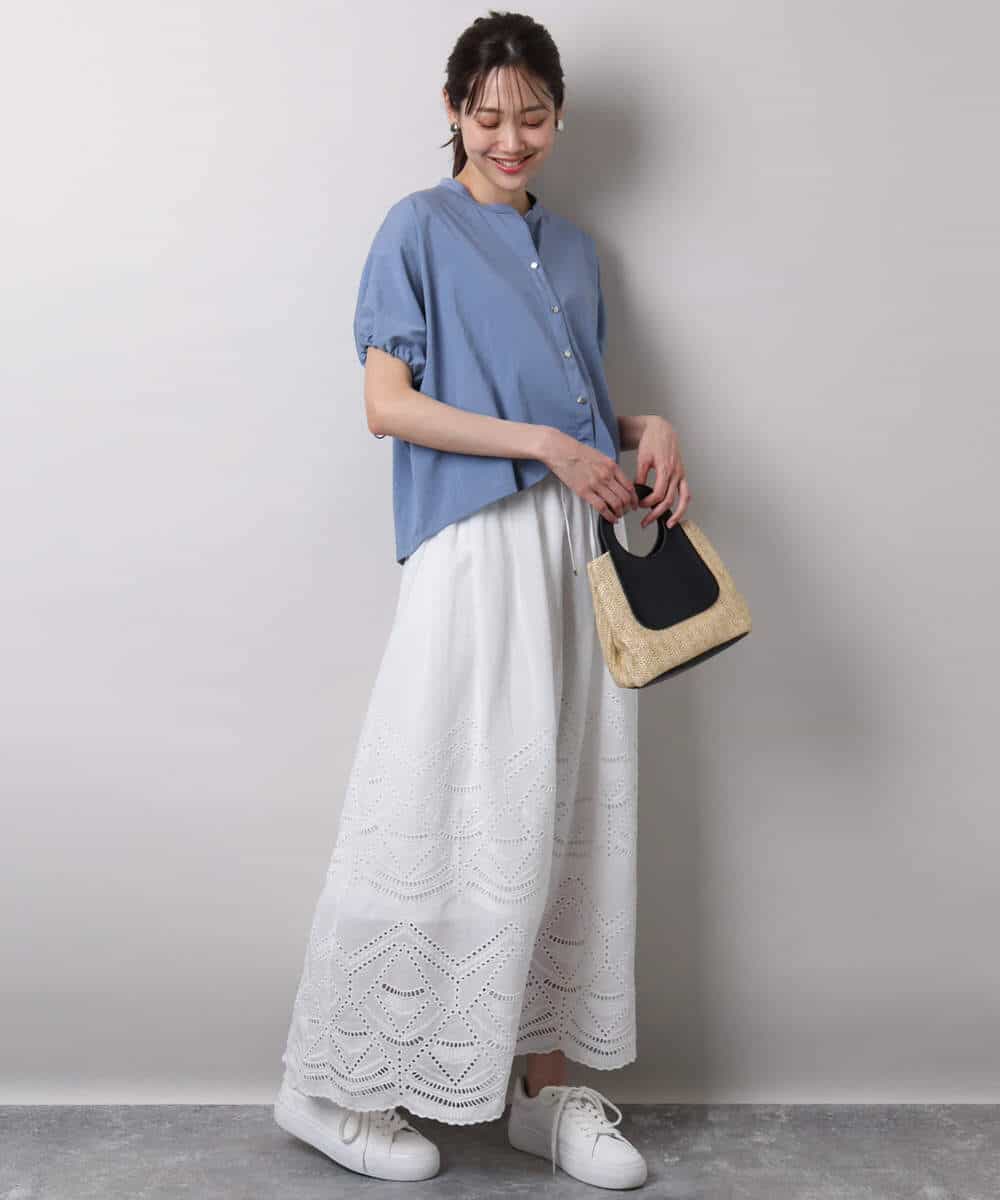FKHHA65190 MK MICHEL KLEIN(MK ミッシェルクラン) コットン刺繍カットワークギャザースカート/洗える ブルー