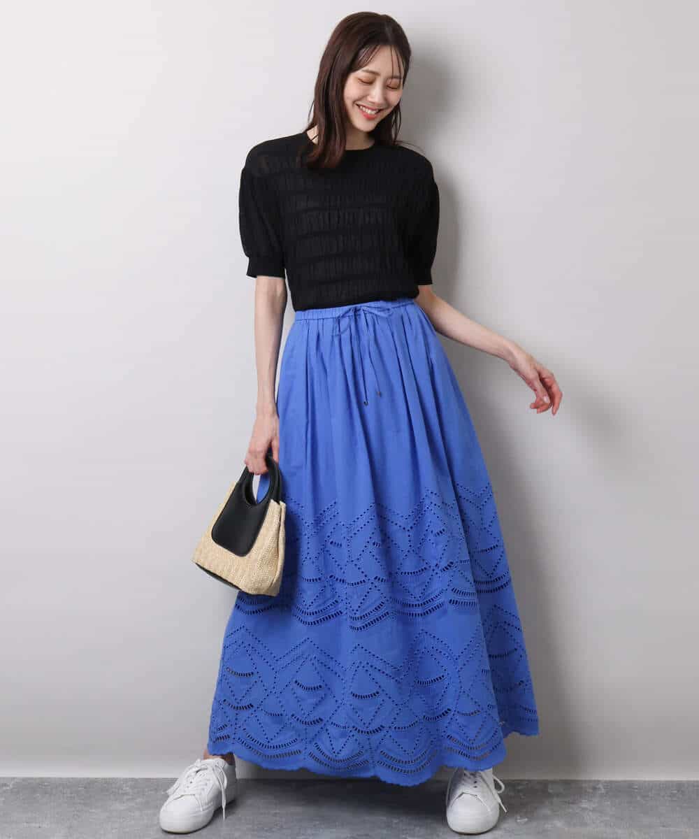 FKHHA65190 MK MICHEL KLEIN(MK ミッシェルクラン) コットン刺繍カットワークギャザースカート/洗える ブルー