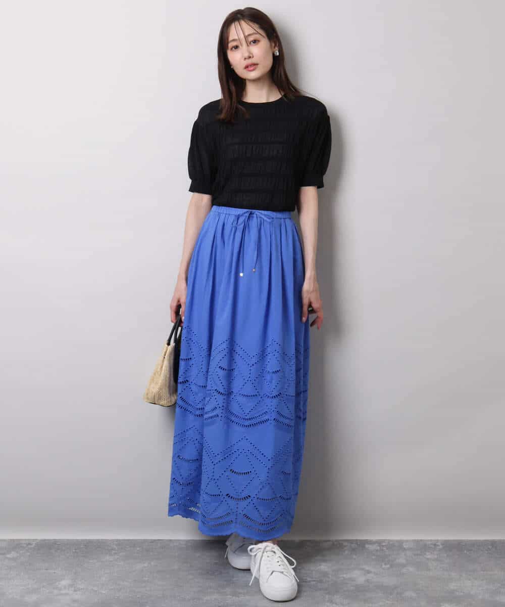 FKHHA65190 MK MICHEL KLEIN(MK ミッシェルクラン) コットン刺繍カットワークギャザースカート/洗える ブルー