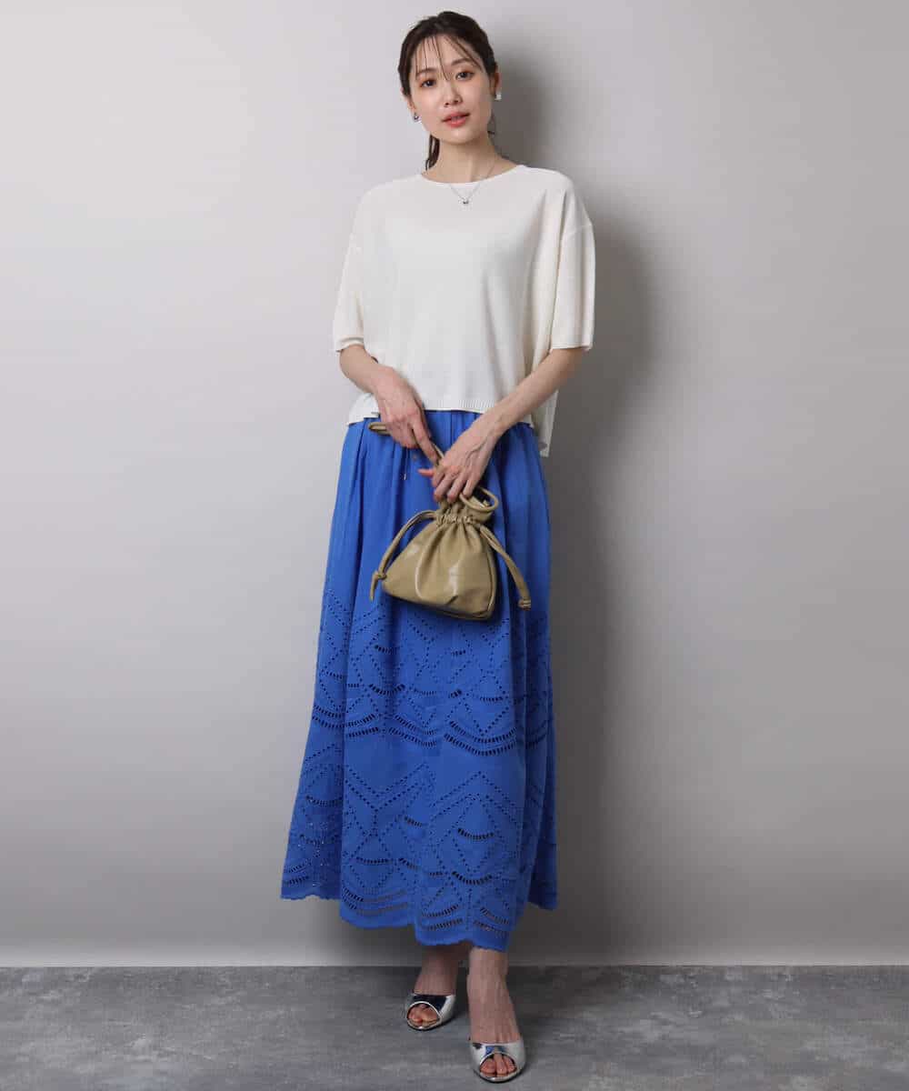 FKHHA65190 MK MICHEL KLEIN(MK ミッシェルクラン) コットン刺繍カットワークギャザースカート/洗える ブルー