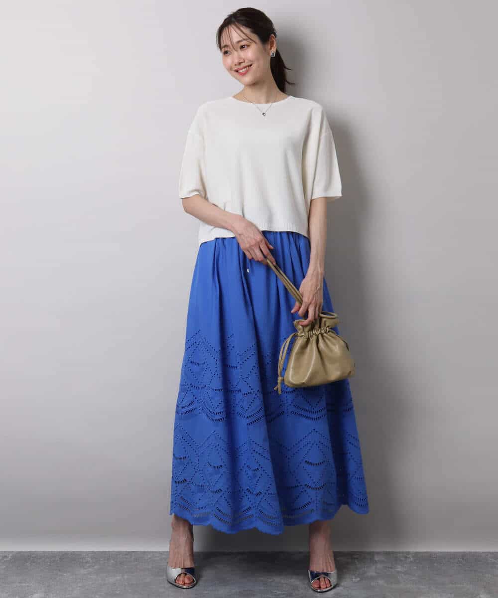 FKHHA65190 MK MICHEL KLEIN(MK ミッシェルクラン) コットン刺繍カットワークギャザースカート/洗える ブルー