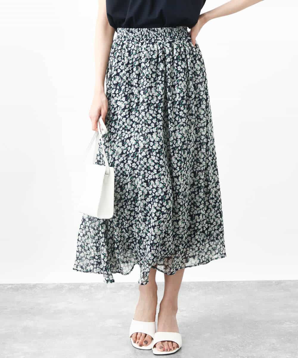 FKHHV01140 MK MICHEL KLEIN(MK ミッシェルクラン) 小花柄シフォンフレアスカート/洗える イエロー
