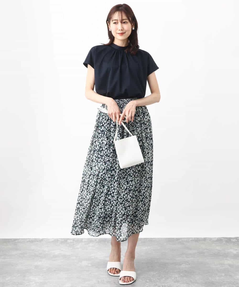 FKHHV01140 MK MICHEL KLEIN(MK ミッシェルクラン) 小花柄シフォンフレアスカート/洗える イエロー