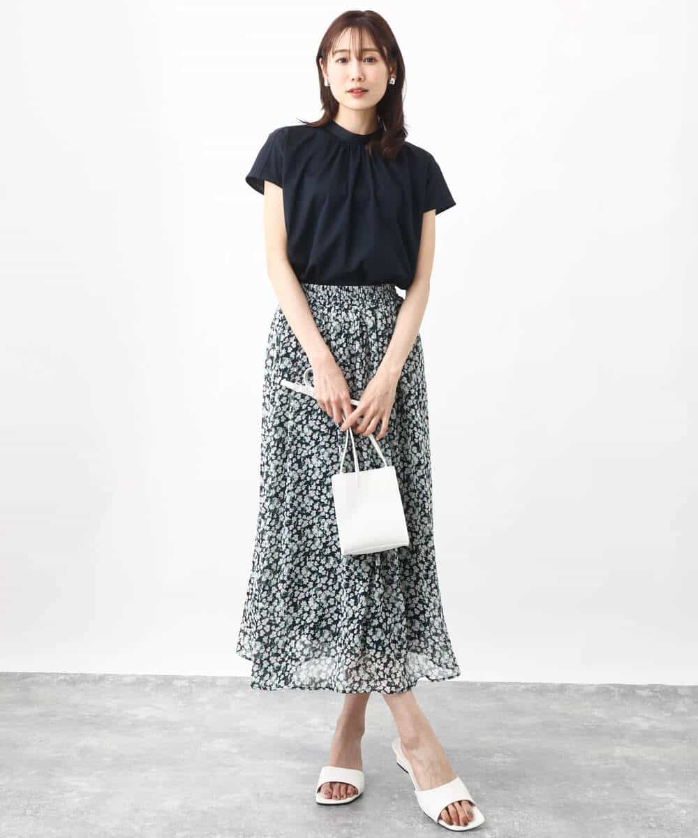 FKHHV01140 MK MICHEL KLEIN(MK ミッシェルクラン) 小花柄シフォンフレアスカート/洗える イエロー