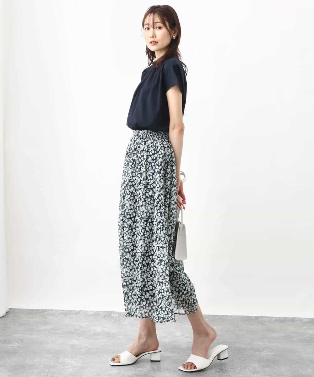 FKHHV01140 MK MICHEL KLEIN(MK ミッシェルクラン) 小花柄シフォンフレアスカート/洗える イエロー