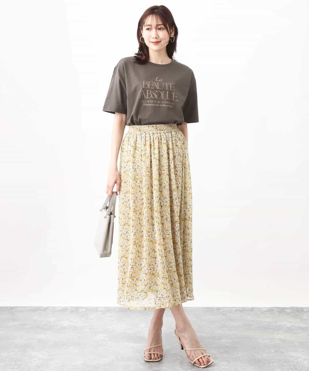 FKHHV01140 MK MICHEL KLEIN(MK ミッシェルクラン) 小花柄シフォンフレアスカート/洗える イエロー