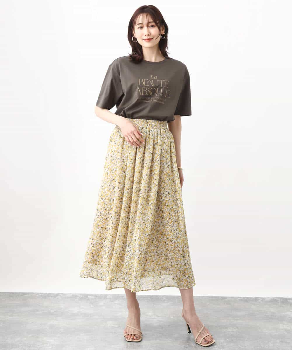 FKHHV01140 MK MICHEL KLEIN(MK ミッシェルクラン) 小花柄シフォンフレアスカート/洗える イエロー