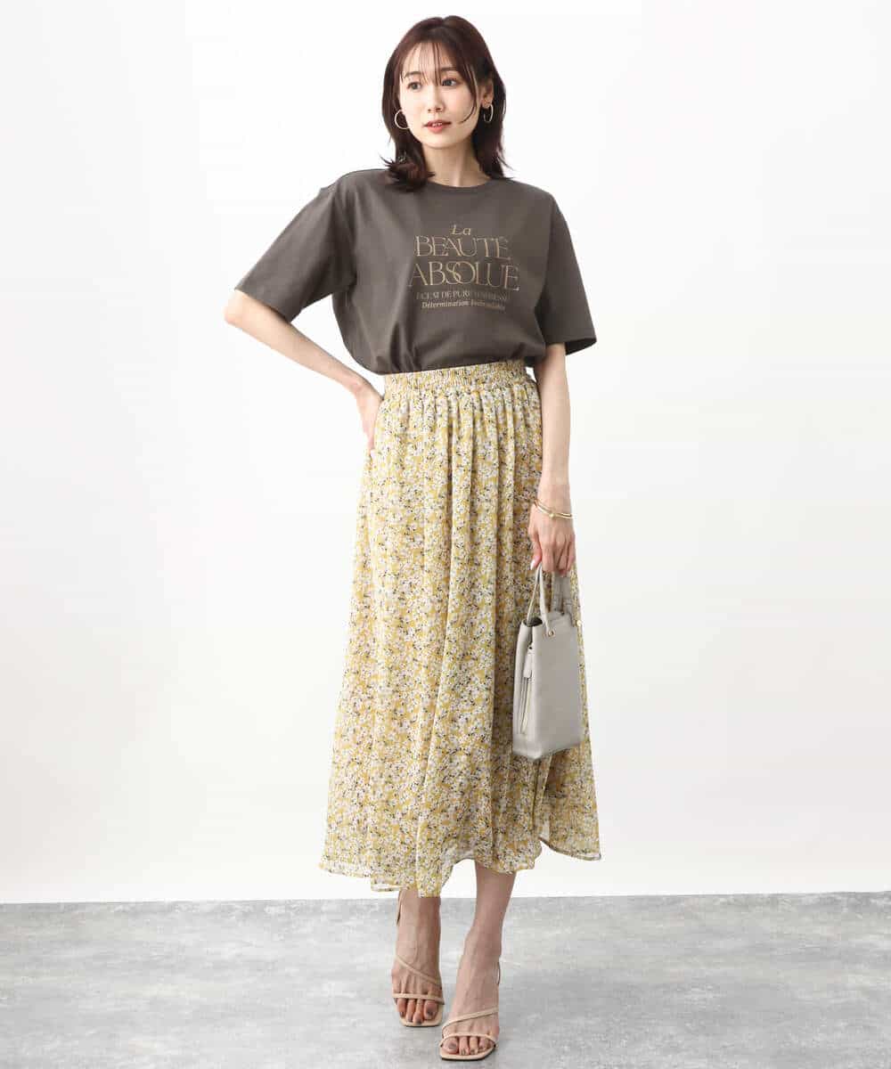 FKHHV01140 MK MICHEL KLEIN(MK ミッシェルクラン) 小花柄シフォンフレアスカート/洗える イエロー