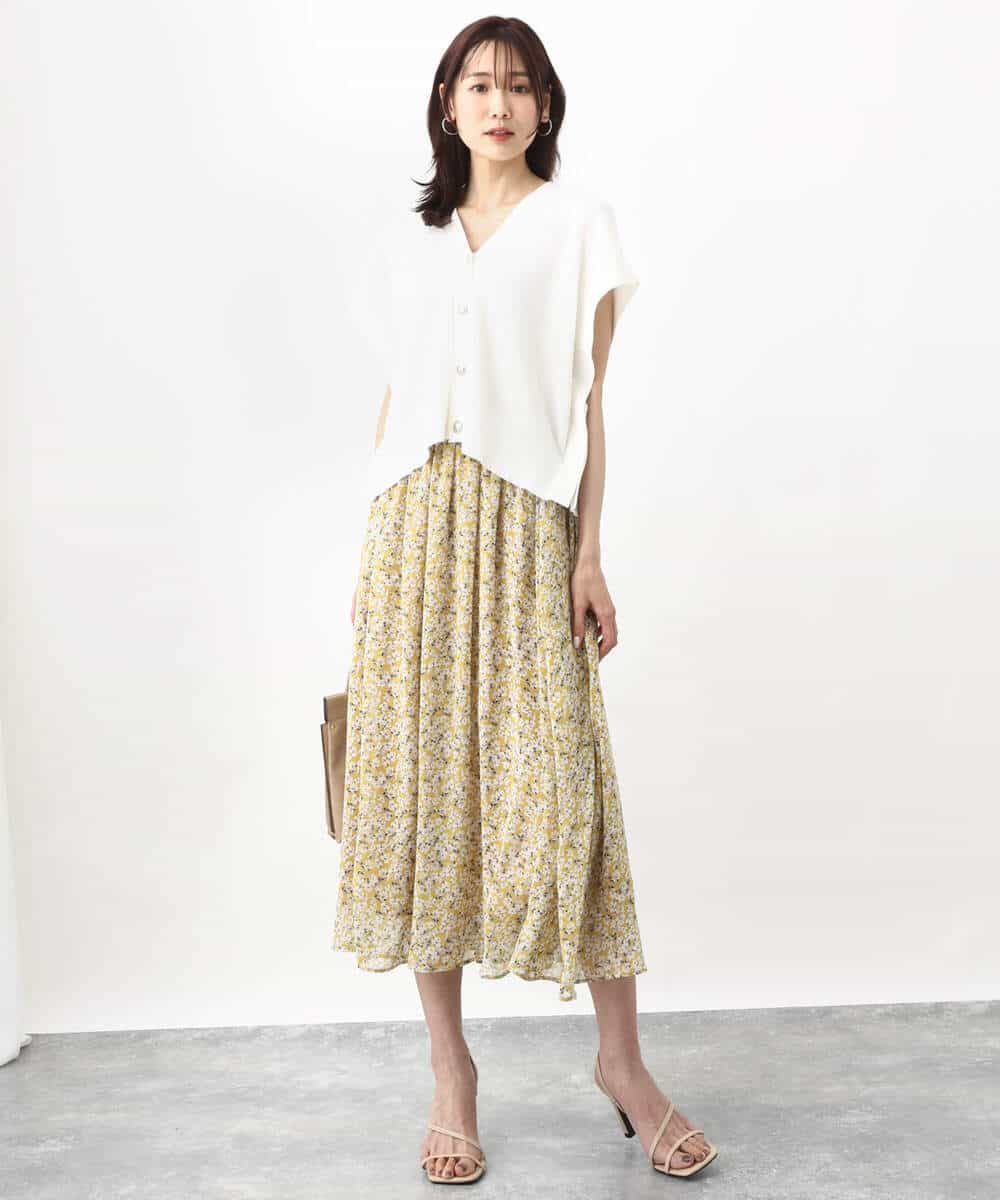 FKHHV01140 MK MICHEL KLEIN(MK ミッシェルクラン) 小花柄シフォンフレアスカート/洗える イエロー
