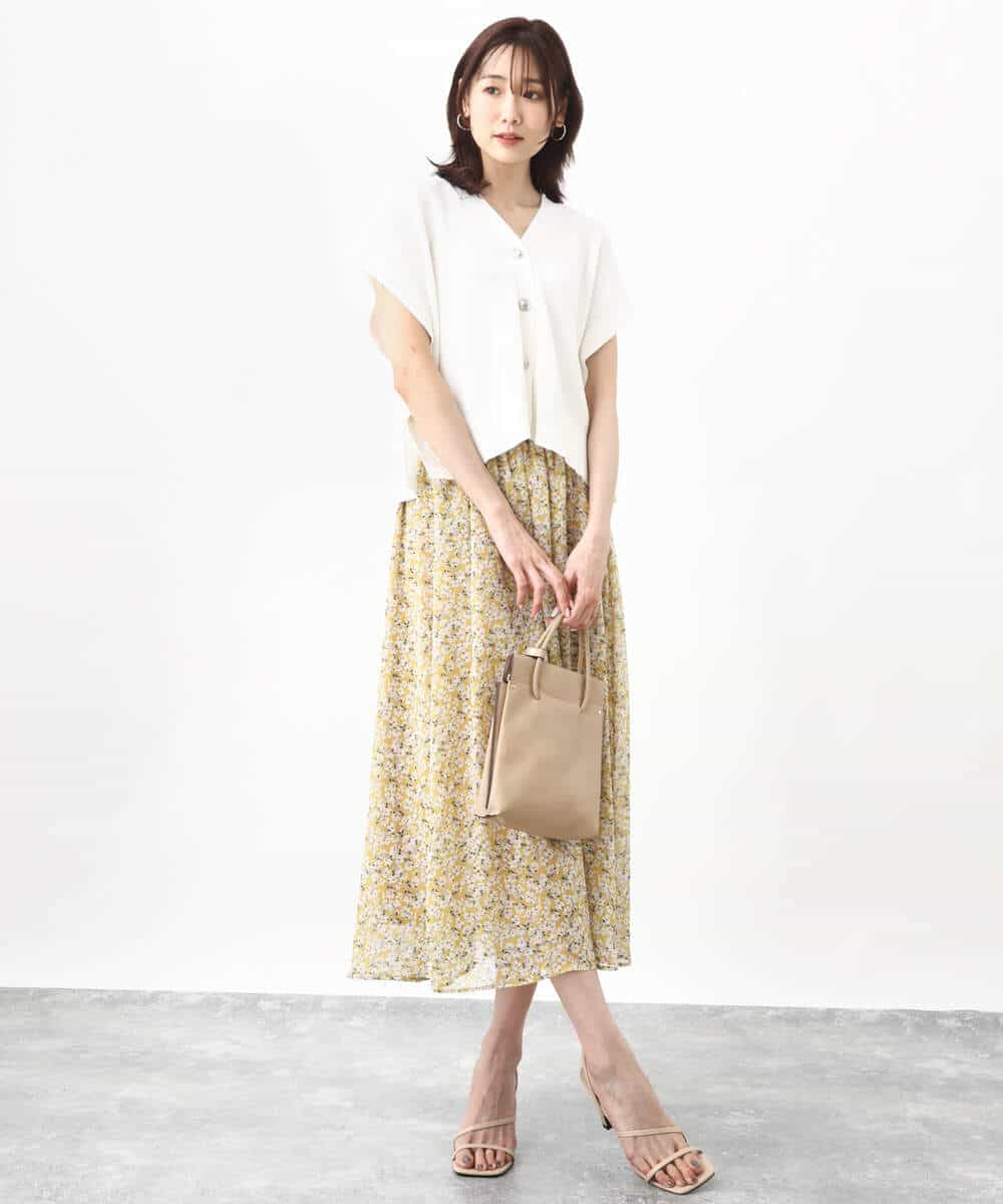 FKHHV01140 MK MICHEL KLEIN(MK ミッシェルクラン) 小花柄シフォンフレアスカート/洗える イエロー