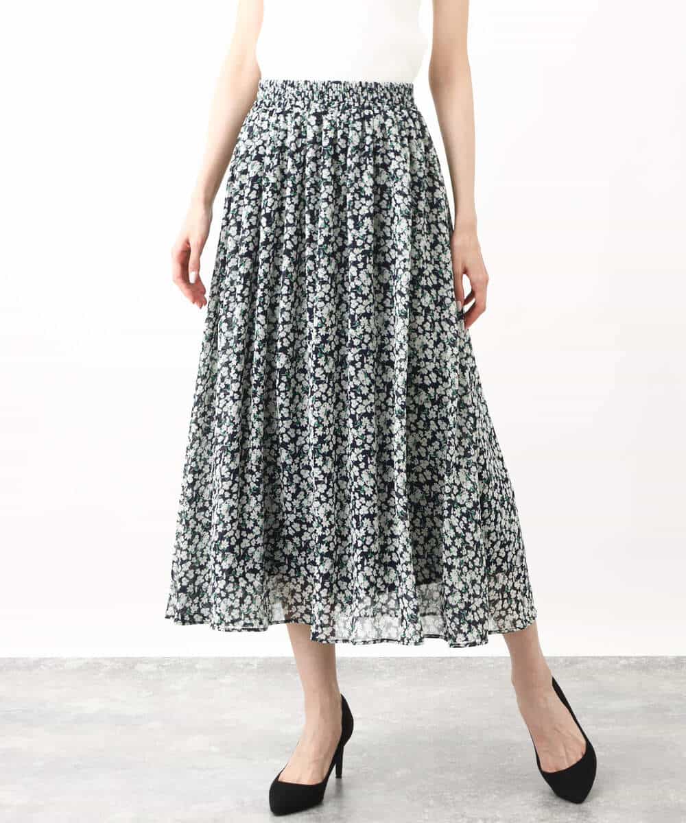 FKHHV01140 MK MICHEL KLEIN(MK ミッシェルクラン) 小花柄シフォンフレアスカート/洗える イエロー