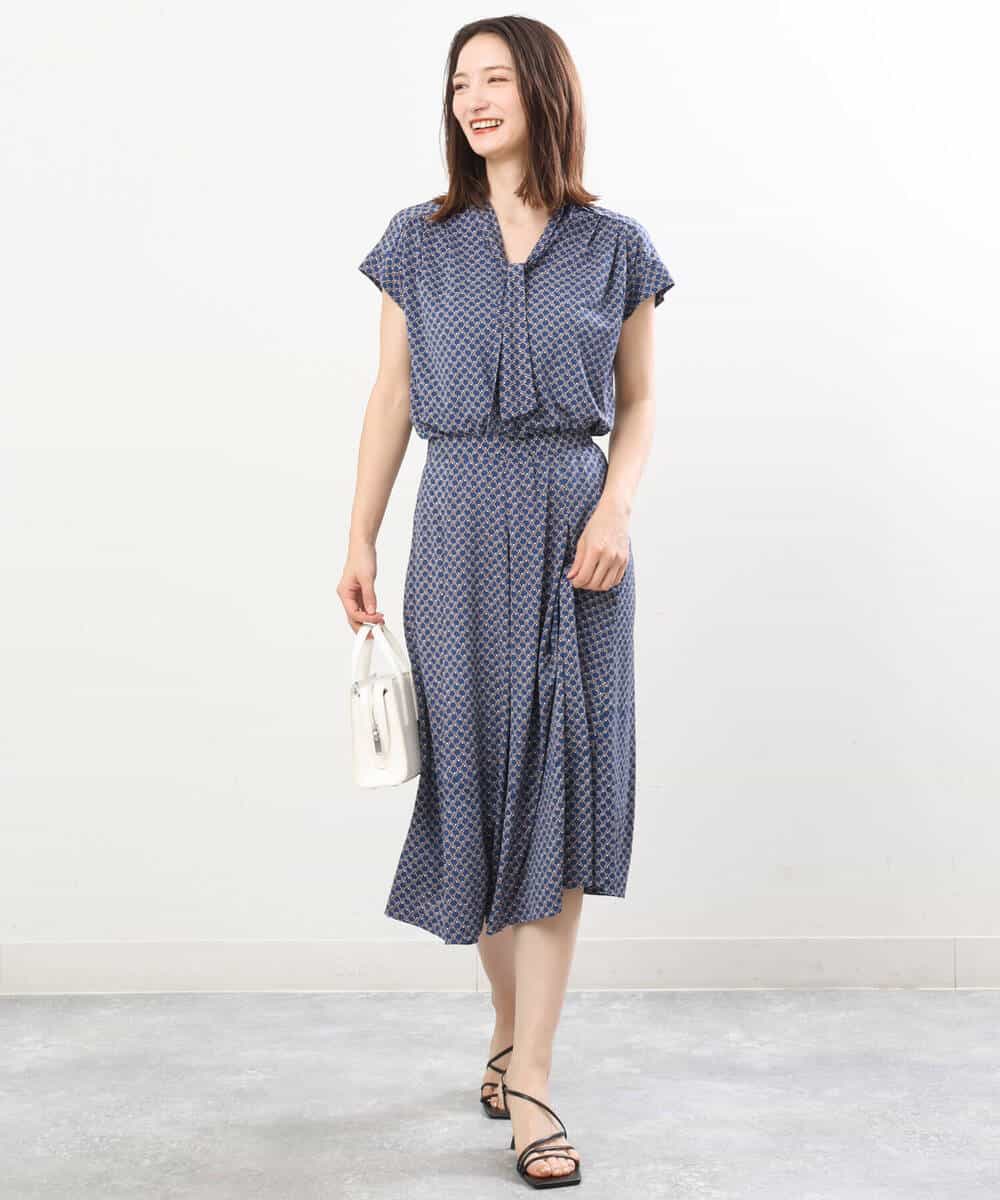 FKHIS02140 MK MICHEL KLEIN(MK ミッシェルクラン) 柄ジャージータックフレアスカート/洗える ネイビー