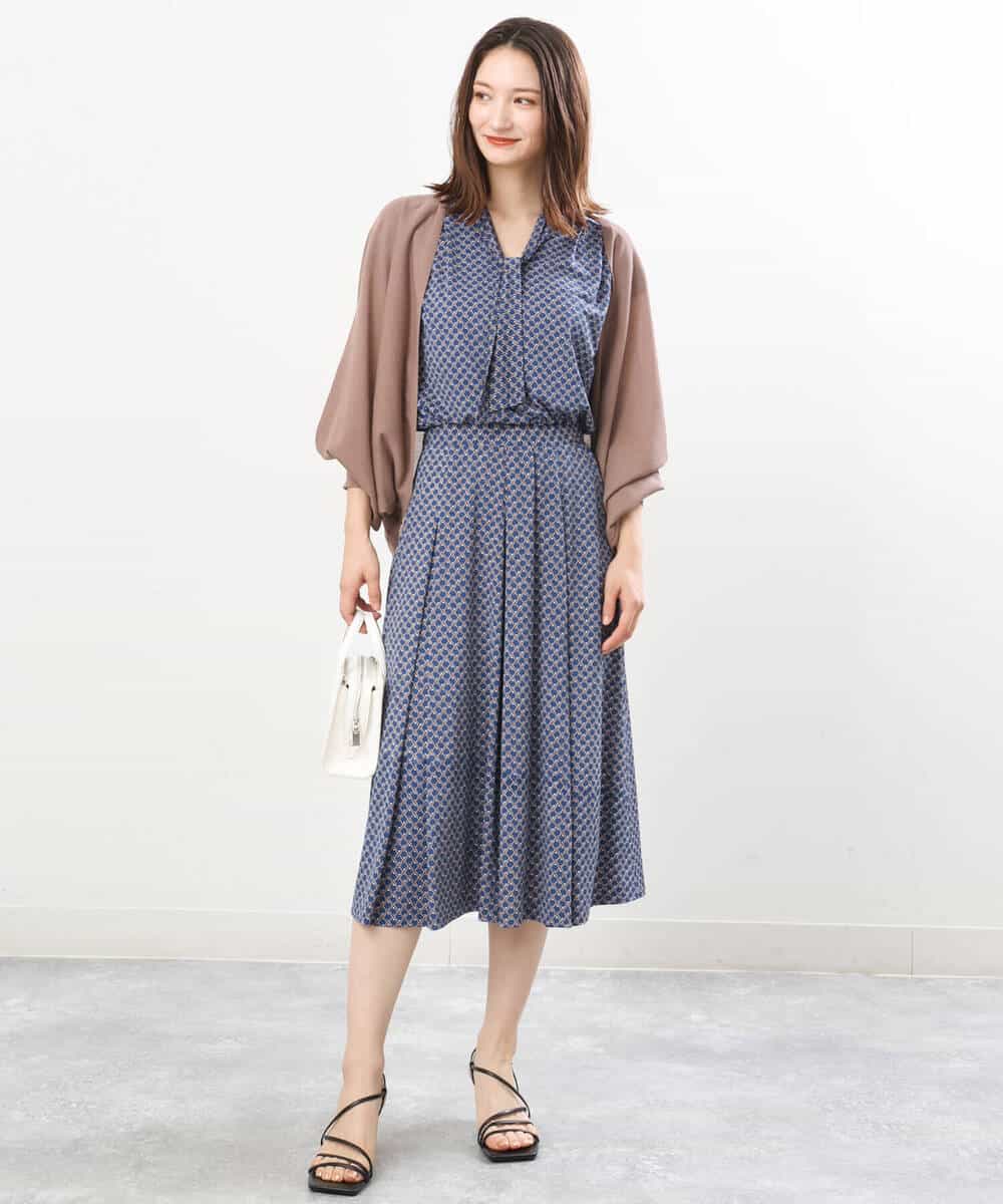 FKHIS02140 MK MICHEL KLEIN(MK ミッシェルクラン) 柄ジャージータックフレアスカート/洗える ネイビー