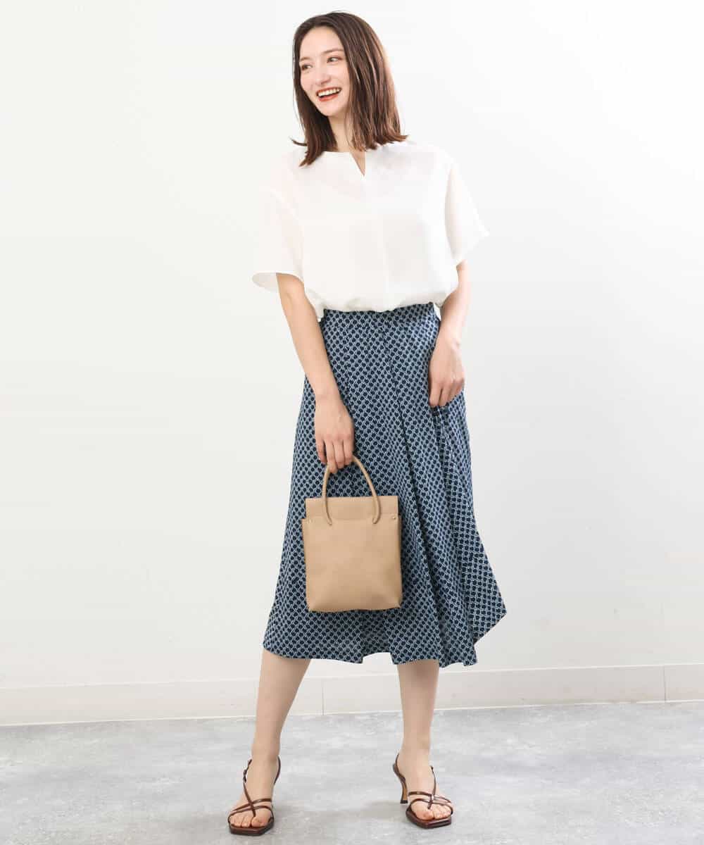 FKHIS02140 MK MICHEL KLEIN(MK ミッシェルクラン) 柄ジャージータックフレアスカート/洗える ネイビー
