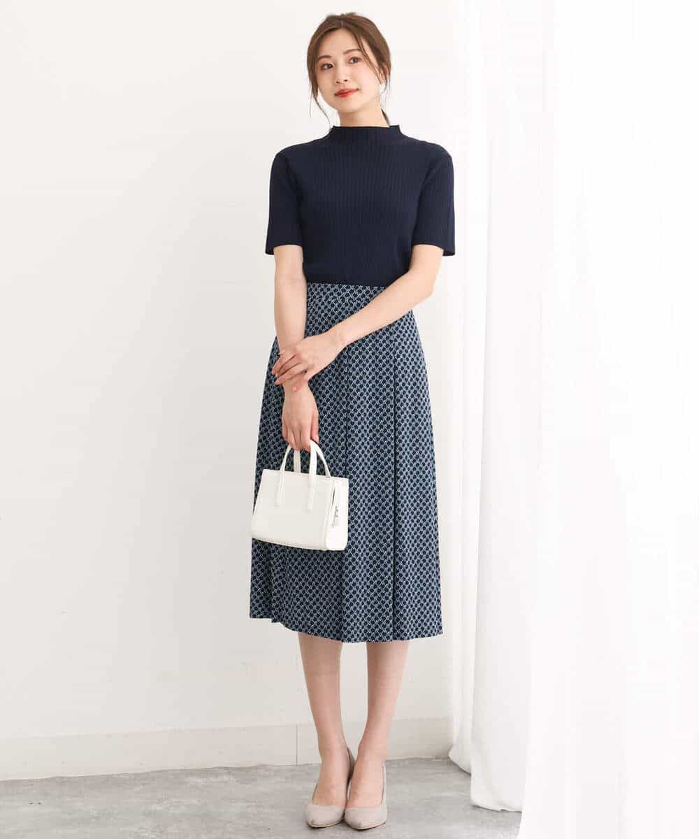 FKHIS02140 MK MICHEL KLEIN(MK ミッシェルクラン) 柄ジャージータックフレアスカート/洗える ネイビー