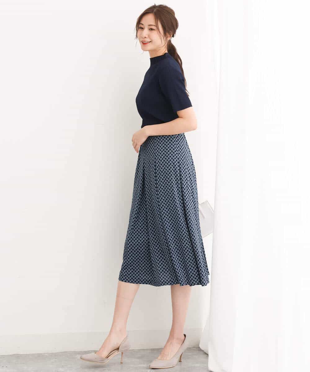 FKHIS02140 MK MICHEL KLEIN(MK ミッシェルクラン) 柄ジャージータックフレアスカート/洗える ネイビー