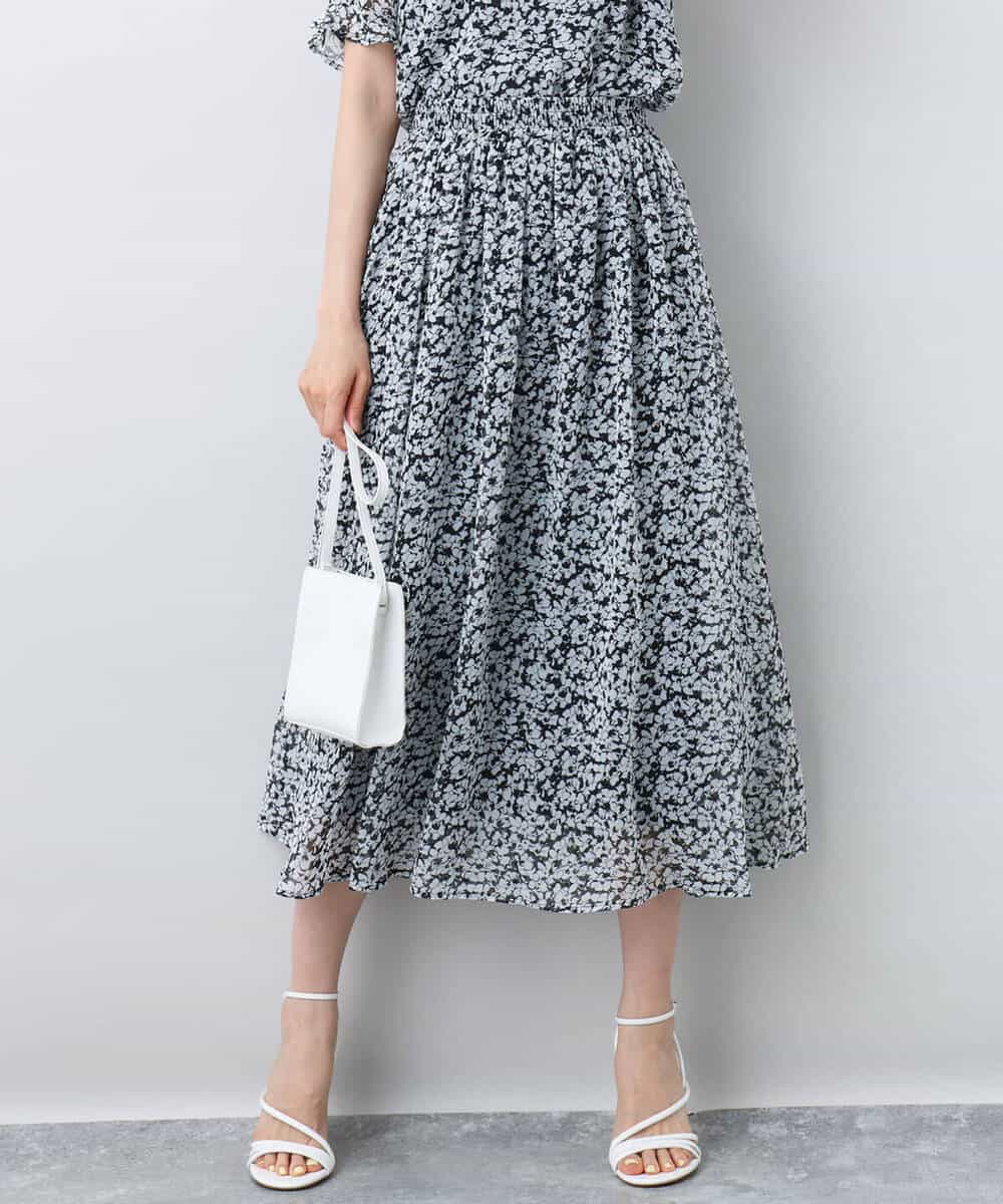 FKHJA07140 MK MICHEL KLEIN(MK ミッシェルクラン) 小花柄シフォンスカート/洗える ブラック