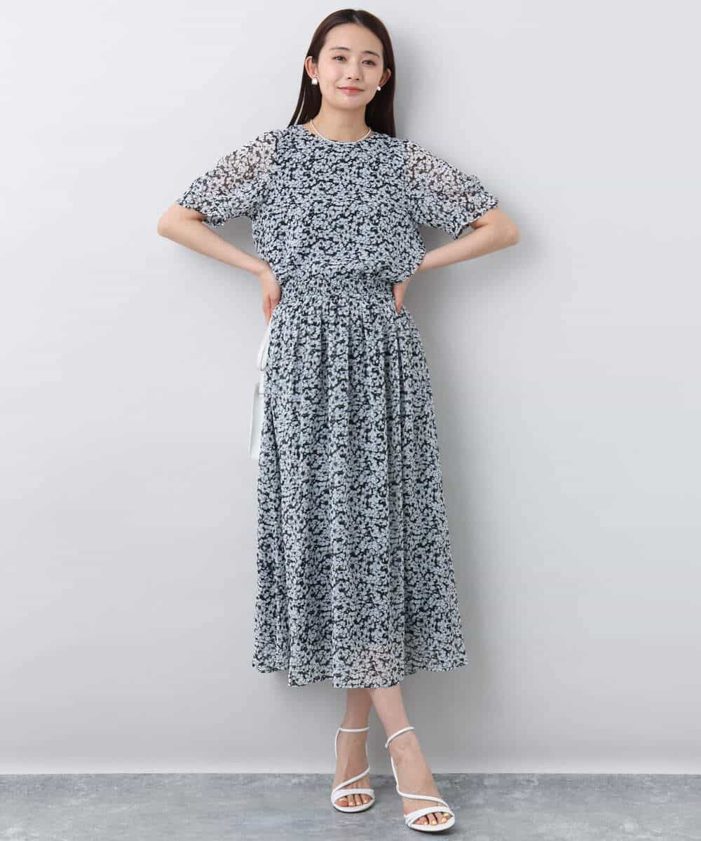 FKHJA07140 MK MICHEL KLEIN(MK ミッシェルクラン) 小花柄シフォンスカート/洗える ブラック
