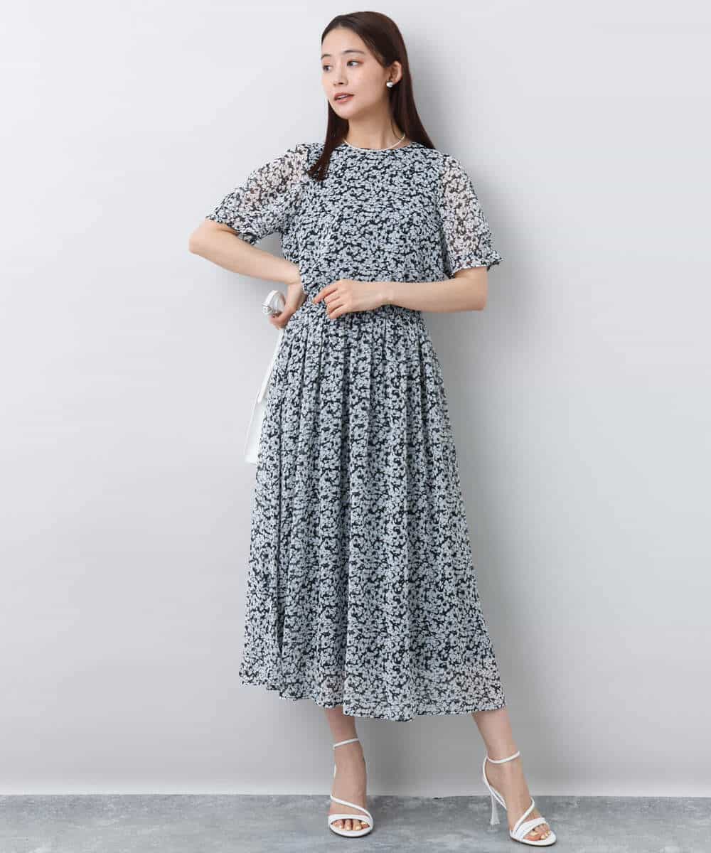 FKHJA07140 MK MICHEL KLEIN(MK ミッシェルクラン) 小花柄シフォンスカート/洗える ブラック