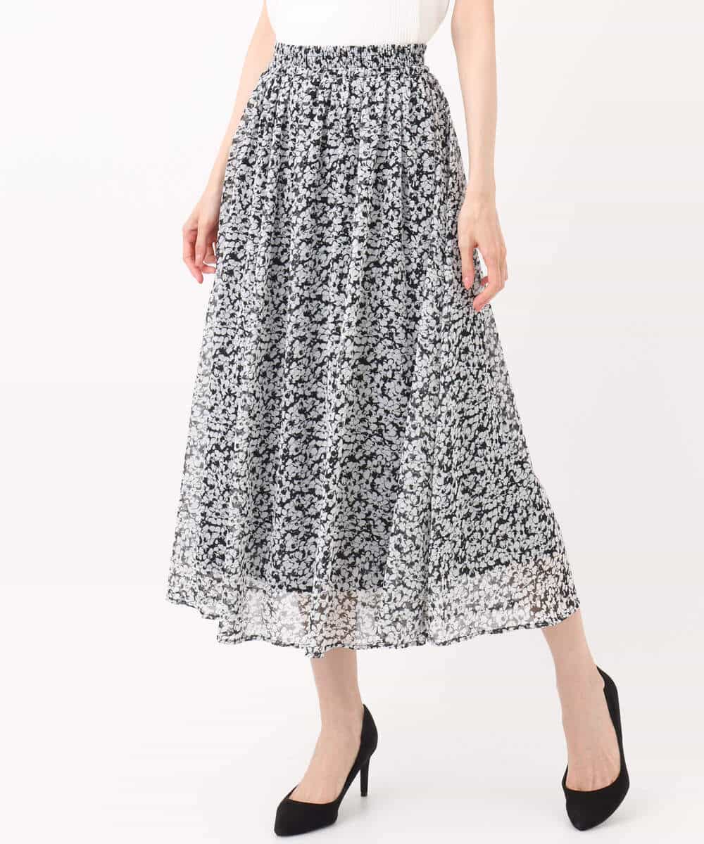 FKHJA07140 MK MICHEL KLEIN(MK ミッシェルクラン) 小花柄シフォンスカート/洗える ブラック