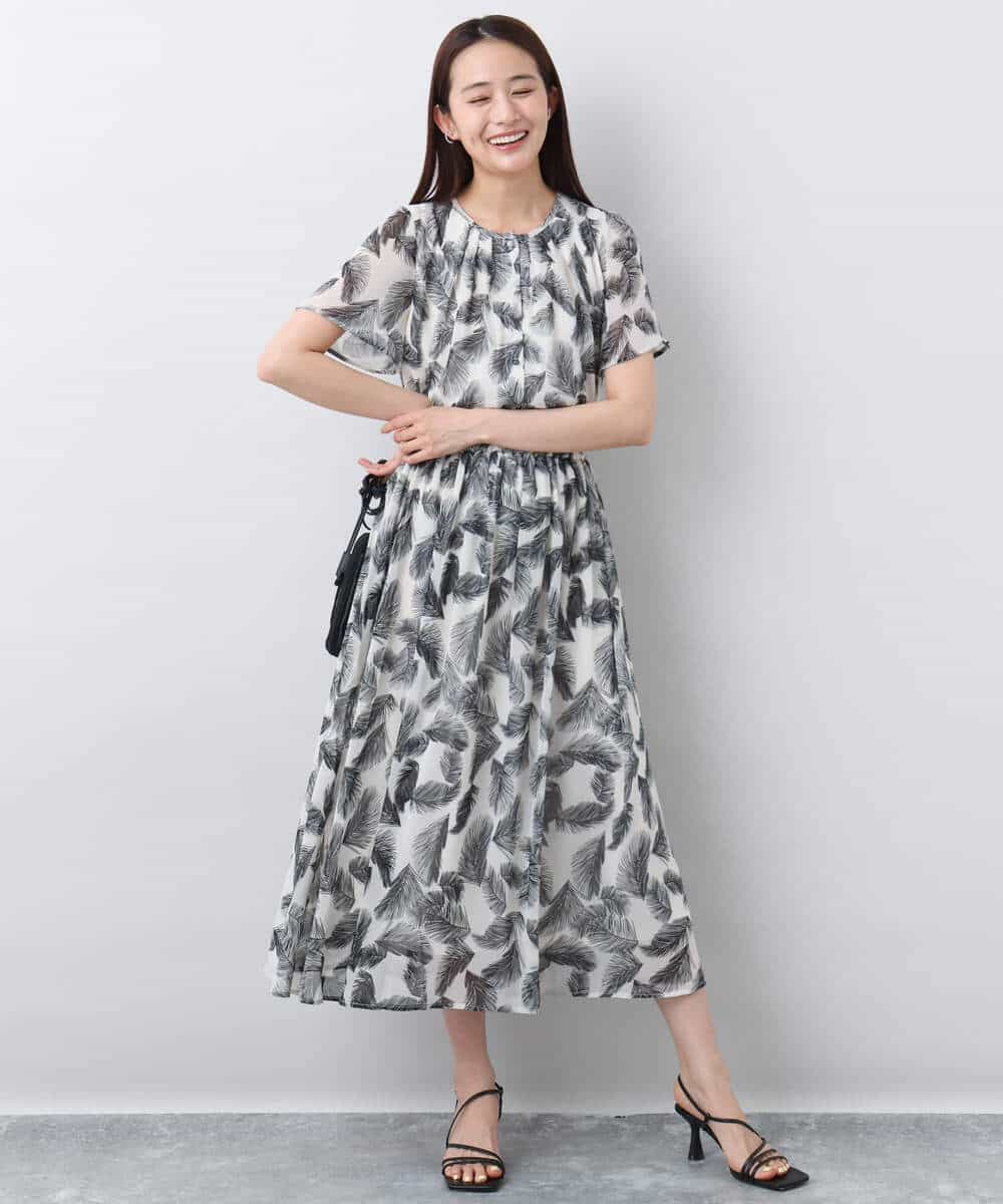 FKHJA08140 MK MICHEL KLEIN(MK ミッシェルクラン) リーフ柄シフォンスカート/洗える アイボリー