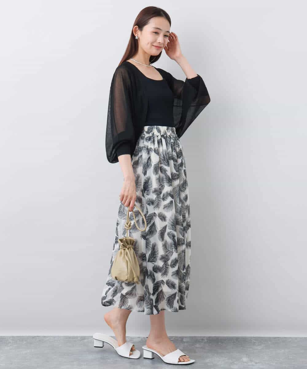 FKHJA08140 MK MICHEL KLEIN(MK ミッシェルクラン) リーフ柄シフォンスカート/洗える アイボリー
