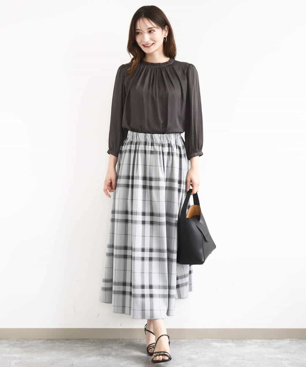 FKHJA28150 MK MICHEL KLEIN(MK ミッシェルクラン) リバーシブルチェックスカート/洗える グレー（チェック）×モスグリーン（無地）