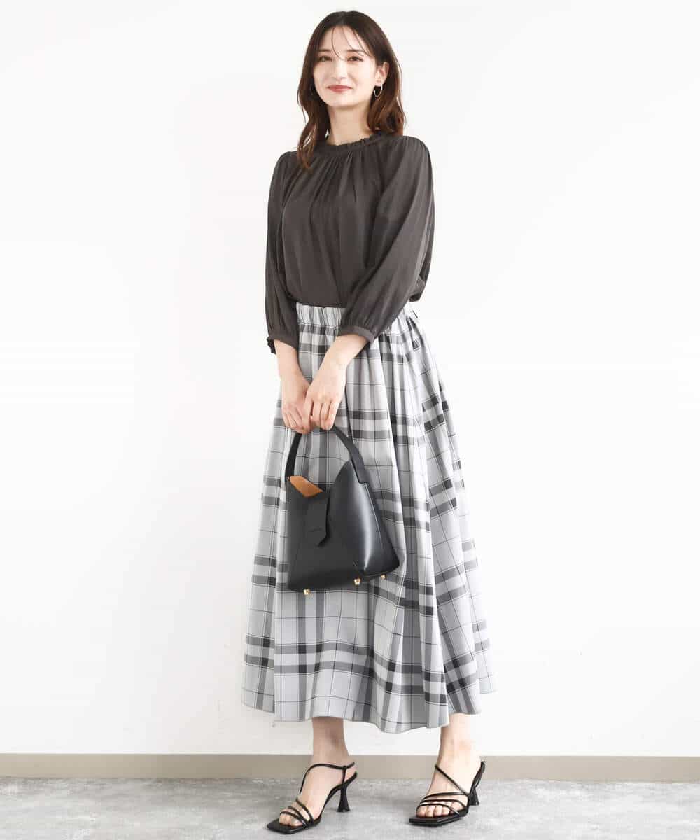FKHJA28150 MK MICHEL KLEIN(MK ミッシェルクラン) リバーシブルチェックスカート/洗える グレー（チェック）×モスグリーン（無地）