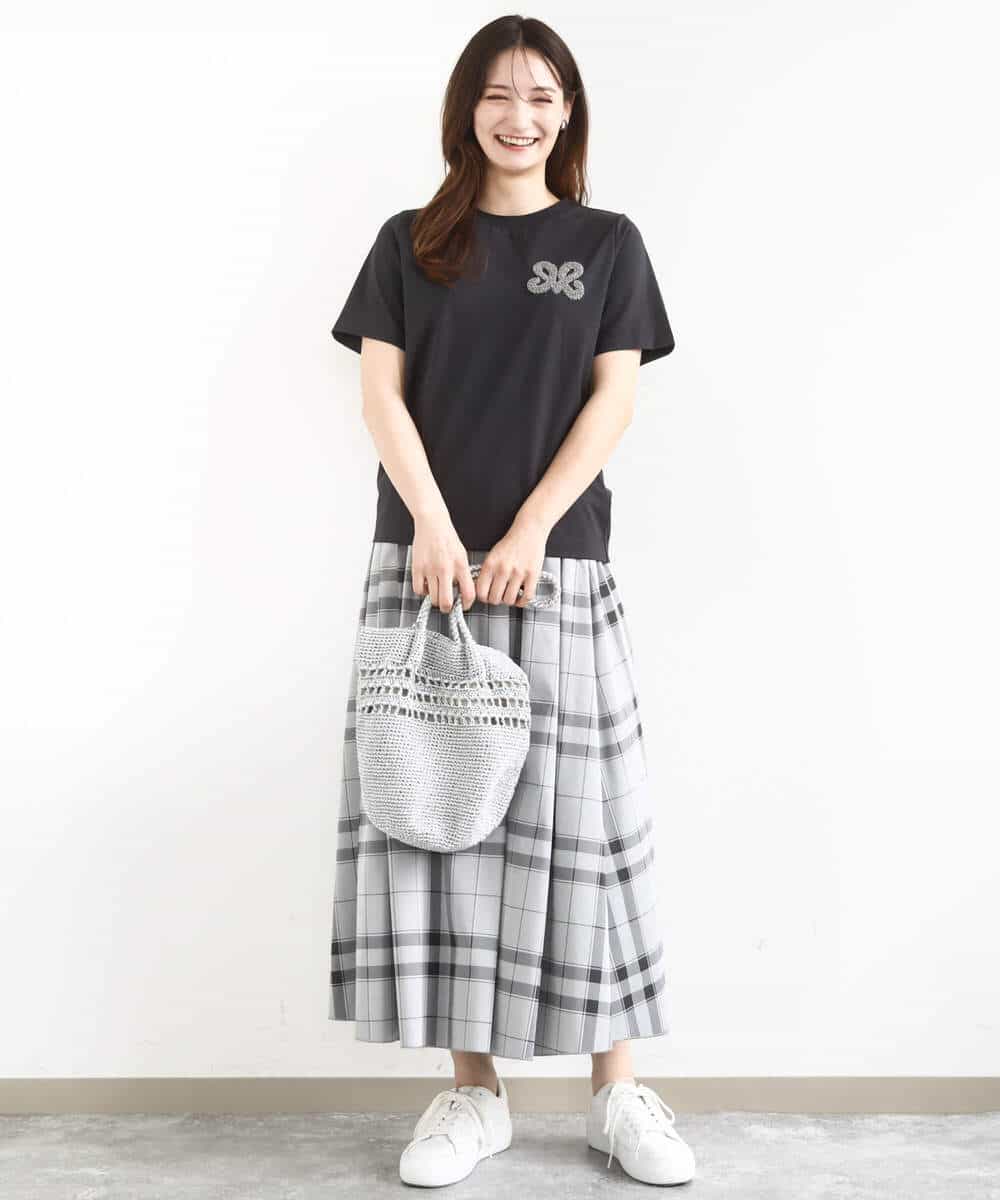 FKHJA28150 MK MICHEL KLEIN(MK ミッシェルクラン) リバーシブルチェックスカート/洗える グレー（チェック）×モスグリーン（無地）