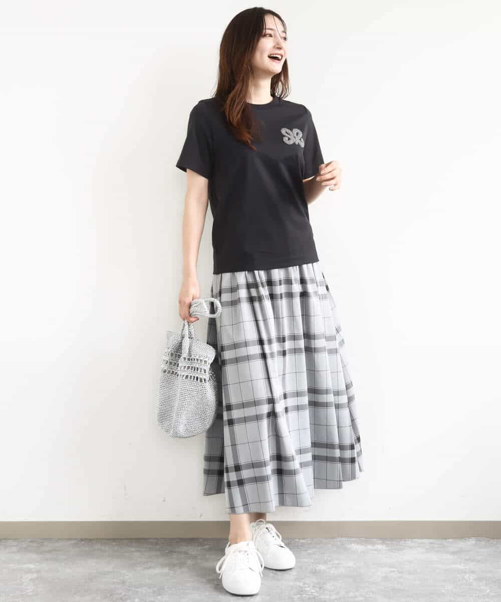 FKHJA28150 MK MICHEL KLEIN(MK ミッシェルクラン) リバーシブルチェックスカート/洗える グレー（チェック）×モスグリーン（無地）
