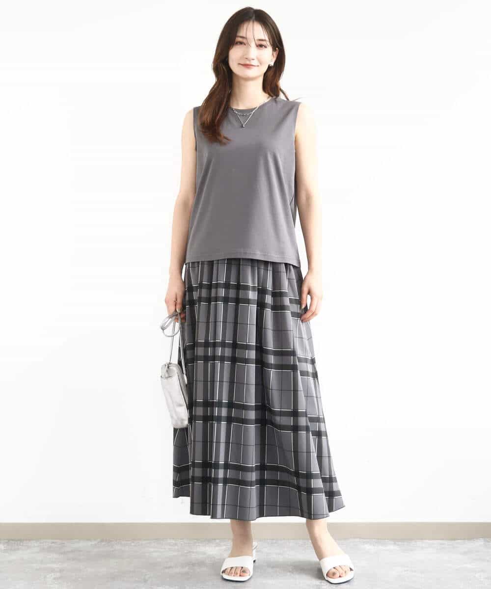 FKHJA28150 MK MICHEL KLEIN(MK ミッシェルクラン) リバーシブルチェックスカート/洗える グレー（チェック）×モスグリーン（無地）