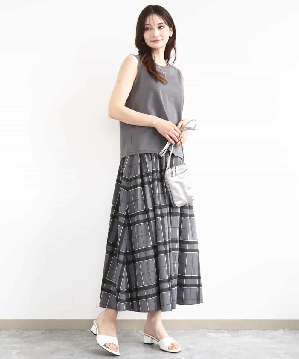 FKHJA28150 MK MICHEL KLEIN(MK ミッシェルクラン) リバーシブルチェックスカート/洗える グレー（チェック）×モスグリーン（無地）