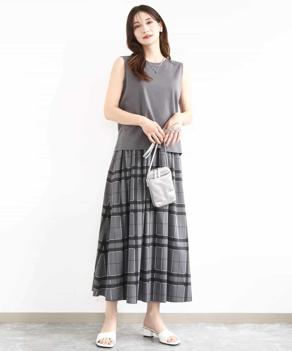 FKHJA28150 MK MICHEL KLEIN(MK ミッシェルクラン) リバーシブルチェックスカート/洗える グレー（チェック）×モスグリーン（無地）