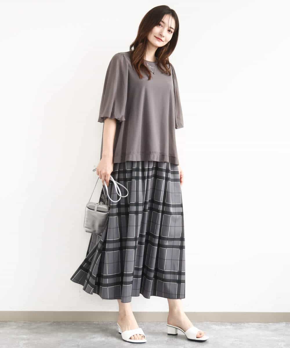 FKHJA28150 MK MICHEL KLEIN(MK ミッシェルクラン) リバーシブルチェックスカート/洗える グレー（チェック）×モスグリーン（無地）