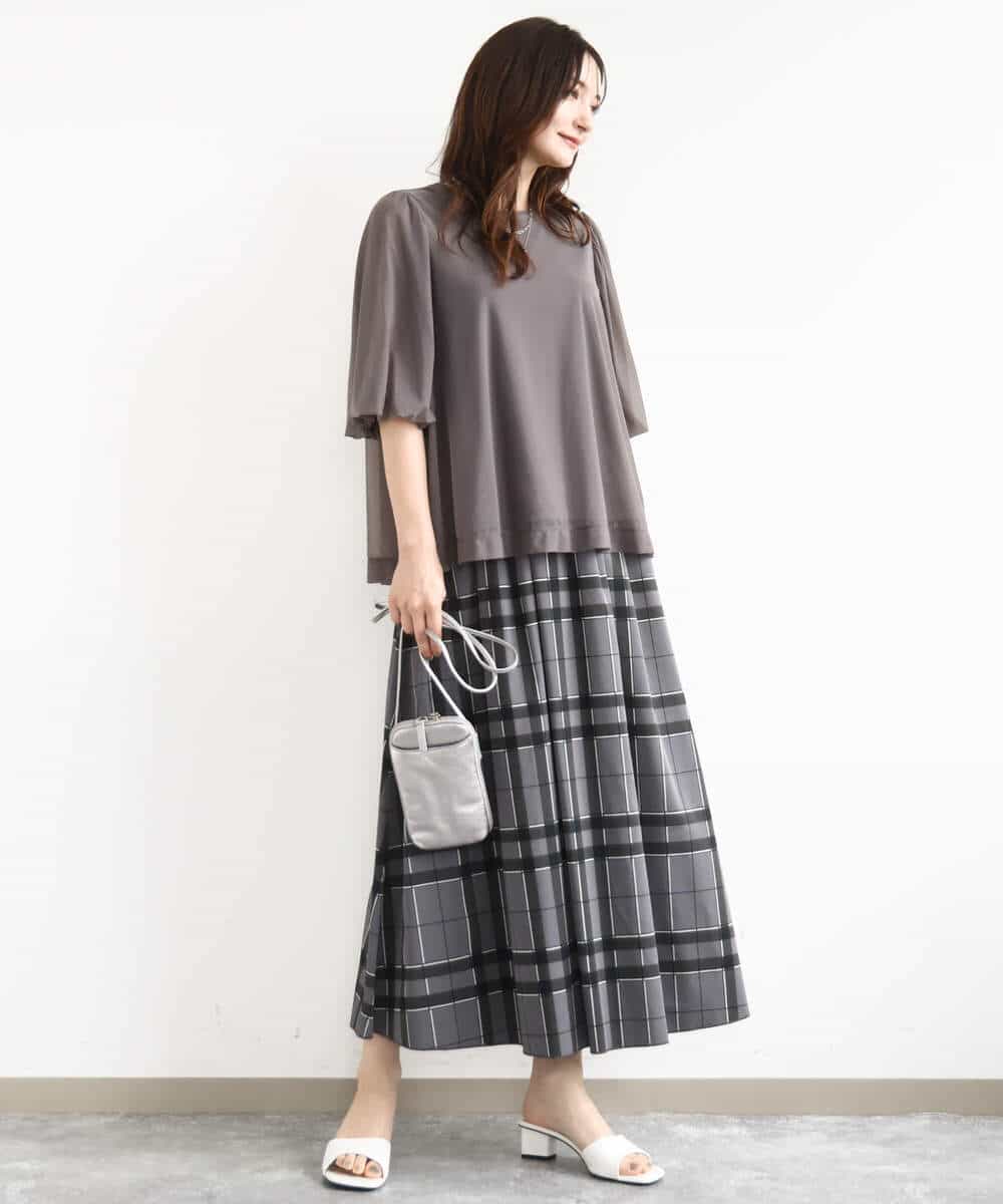 FKHJA28150 MK MICHEL KLEIN(MK ミッシェルクラン) リバーシブルチェックスカート/洗える グレー（チェック）×モスグリーン（無地）