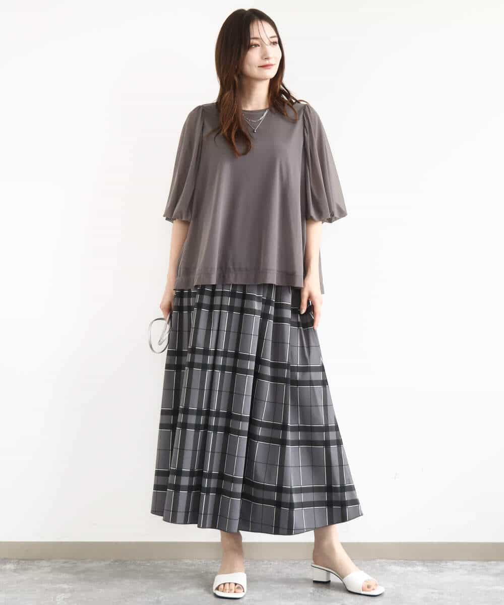 FKHJA28150 MK MICHEL KLEIN(MK ミッシェルクラン) リバーシブルチェックスカート/洗える グレー（チェック）×モスグリーン（無地）
