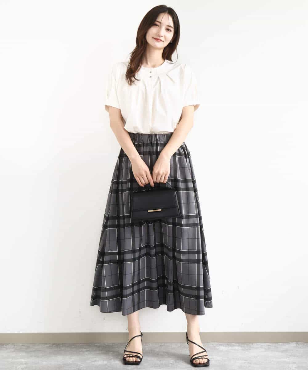 FKHJA28150 MK MICHEL KLEIN(MK ミッシェルクラン) リバーシブルチェックスカート/洗える グレー（チェック）×モスグリーン（無地）