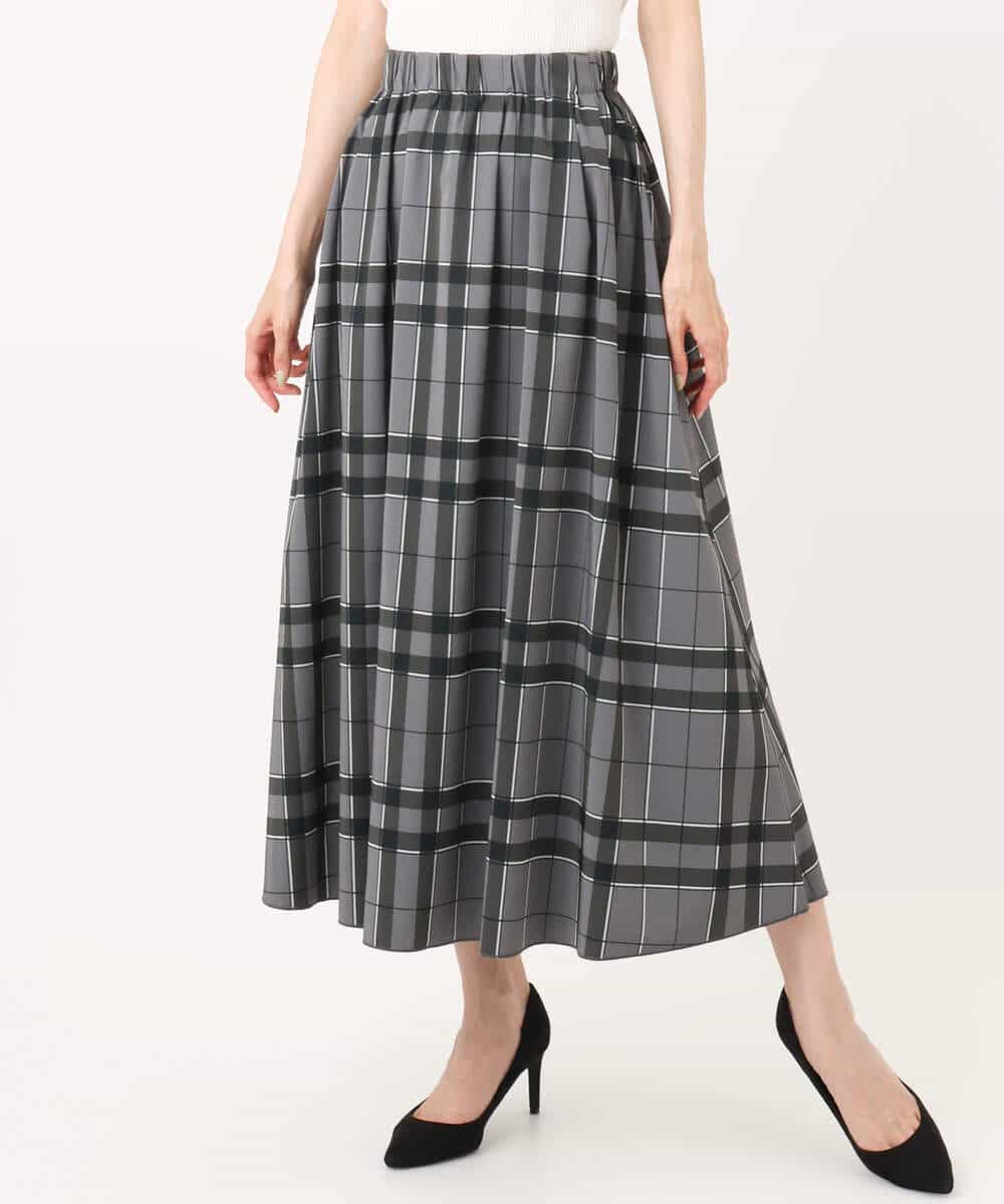FKHJA28150 MK MICHEL KLEIN(MK ミッシェルクラン) リバーシブルチェックスカート/洗える グレー（チェック）×モスグリーン（無地）