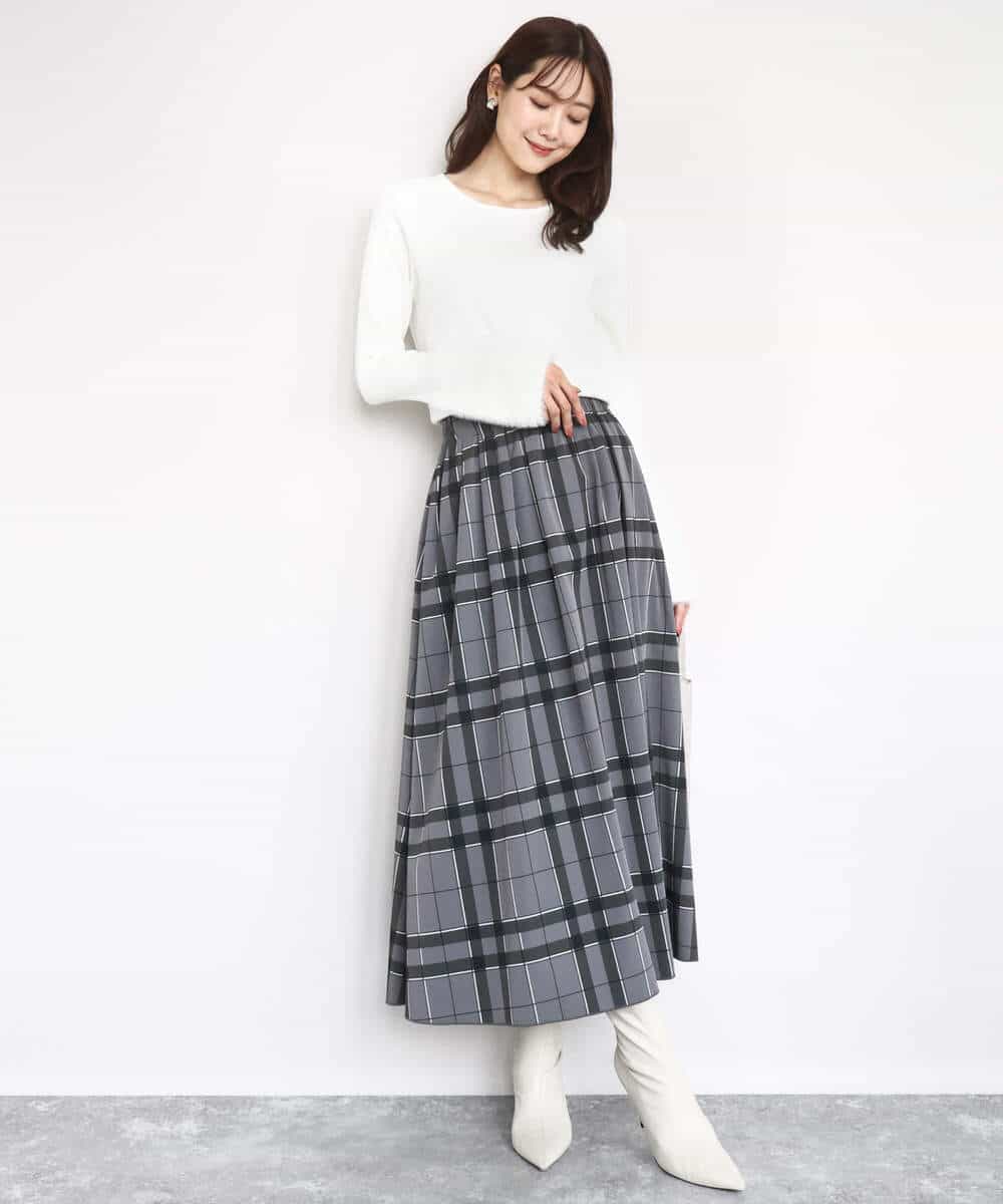 FKHJA28150 MK MICHEL KLEIN(MK ミッシェルクラン) リバーシブルチェックスカート/洗える グレー（チェック）×モスグリーン（無地）