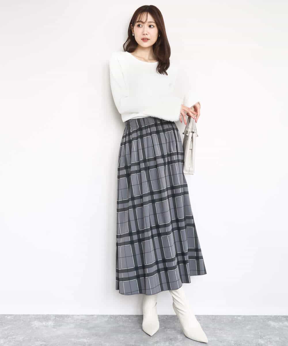 FKHJA28150 MK MICHEL KLEIN(MK ミッシェルクラン) リバーシブルチェックスカート/洗える グレー（チェック）×モスグリーン（無地）