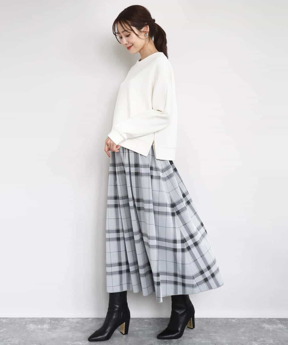 FKHJA28150 MK MICHEL KLEIN(MK ミッシェルクラン) リバーシブルチェックスカート/洗える グレー（チェック）×モスグリーン（無地）