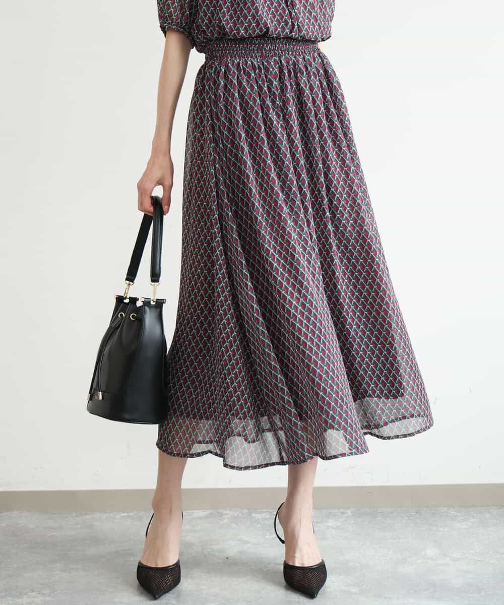 FKHJD28150 MK MICHEL KLEIN(MK ミッシェルクラン) [洗える]ジオメットリック柄シフォンスカート グリーン