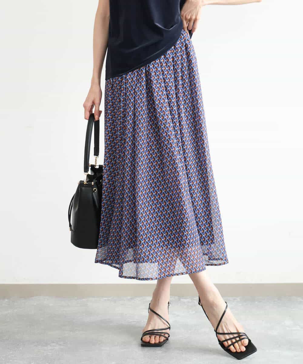 FKHJD28150 MK MICHEL KLEIN(MK ミッシェルクラン) [洗える]ジオメットリック柄シフォンスカート グリーン