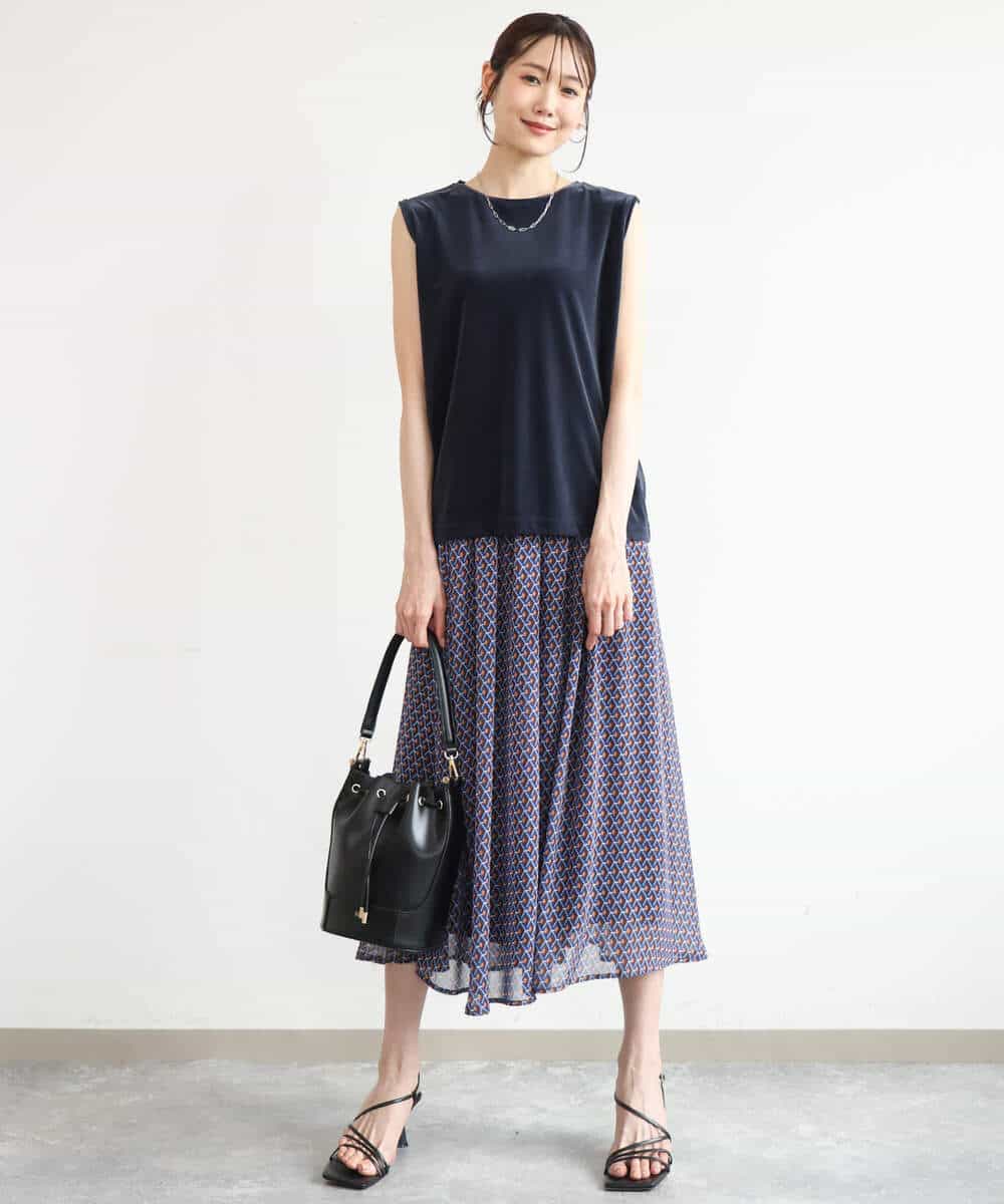 FKHJD28150 MK MICHEL KLEIN(MK ミッシェルクラン) [洗える]ジオメットリック柄シフォンスカート グリーン