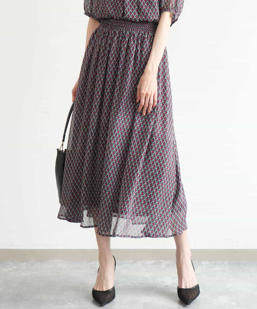FKHJD28150 MK MICHEL KLEIN(MK ミッシェルクラン) [洗える]ジオメットリック柄シフォンスカート グリーン